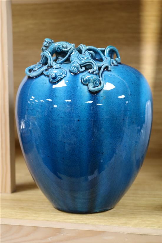 A Japanese turquoise glazed dragon jar height 21.5cm